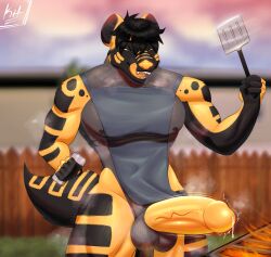 alcohol anthro apron artist_name balls beer beverage big_balls big_chest big_penis big_tail bodily_fluids clothing colored digital_drawing_(artwork) digital_media_(artwork) dripping exhibitionism genital_fluids genitals grill hair hi_res holding_beer hyena leaking_precum licking licking_lips light lighting male mammal muscular muscular_anthro muscular_male musk musk_cloud musky_balls musky_penis nipples outside penis precum precum_drip shaded short_hair solo spatula sunset tail text tongue tongue_out tools vein veiny_penis xikitsune yellow_eyes yellow_nose yellow_penis yellow_tongue