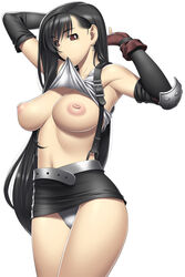 areola areolae armpits black_hair breasts earrings elbow_gloves female female_only final_fantasy final_fantasy_vii gloves human jewelry kansuke large_breasts long_hair miniskirt mouth_hold nipples panties pantyshot perky_breasts red_eyes shirt_lift skirt solo straight_hair suspenders tifa_lockhart underwear white_panties