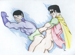 2boys anal anal_sex artist_signature ass batman_(series) black_hair bottomless cape christian_(artist) closed_eyes dc dc_comics deep_penetration dick_grayson doggy_style erect_nipples_under_clothes gay gloves hanna-barbera human implied_penetration male male_only multiple_males nipple_bulge pencil_(medium) pleasure_face pointed_ears pokies prone_bone robin_(dc) robin_(dick_grayson) shirt_open superhero wonder_twins yaoi zan_(wonder_twins)