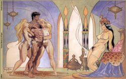 1boy 3girls abs black_hair blonde_hair breasts detailed_background edger_rice_burroughs female frank_frazetta long_hair male muscle_worship muscles naked nippleless_male nipples nude nude_female pubic_hair straight tarzan tarzan_(character) topless topless_male