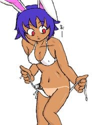 1girls animal_ears bikini bottomless color dark_skin female medium_breasts open_clothes open_mouth pixel purple_hair red_eyes solo tan_lines trickster_online uncensored