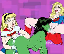 2007 3girls ass big_breasts blonde_hair blue_eyes breasts crossover cunnilingus dc dc_comics dcau female female_only green_hair green_skin hulk_(series) kara_zor-el licking_pussy linda_danvers marvel marvel_comics multiple_girls nipples nude_female pussy pussy_juice rickfields she-hulk square_crossover supergirl superman:_the_animated_series superman_(series) yuri