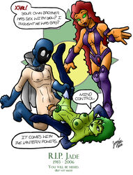 1boy 2006 2d 2girls alien_girl black_boots blue_boots boots brother_and_sister clitoris clothed_female_nude_female clothed_female_nude_male dc_comics elbow_gloves english_text female footwear_only gay_to_straight gloves gloves_only green-skinned_female green_areolae green_eyes green_hair green_lantern green_lantern_corps green_lips green_nipples green_pubic_hair green_skin grey_cape incest jade_(dc) jennifer-lynn_hayden justice_society_of_america kneeling koriand'r long_hair male mind_control multiple_girls naked_cape no_pupils obsidian_(dc) on_back orientation_play purple_boots purple_leotard r.i.p. revealing_clothes sex siblings simple_background sleeveless_leotard smooth_skin speech_bubble starfire tamaranean teen_titans text thigh_boots todd_rice vaginal_penetration white_background