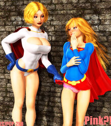 2girls 3d blonde_hair blue_eyes cleavage dc dc_comics female kara_danvers kara_zor-el kara_zor-l karen_starr long_hair panties petercotton power_girl short_hair supergirl superman_(series)