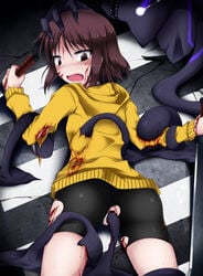 1girls ass bike_shorts bite biting blood blush brown_eyes brown_hair censored cute_fang defeated dual_wielding eating from_behind glowing_eyes guro helpless holding_head hoodie huge_weapon knife linne looking_back merkava monster pain panties pussy rape restrained reverse_grip scared sharp_teeth shimo_(depthbomb) short_hair tears torn_clothes under_night_in-birth vaginal_penetration