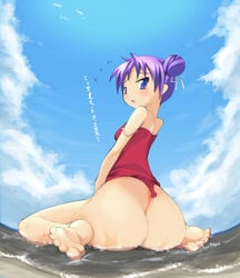 ass barefoot blue_eyess blush bottomless braid camisole feet imazon kagami_hiiragi lucky_star one-piece one-piece_swimsuit purple_hair sky soles swimsuit toes translated wardrobe_malfunction water