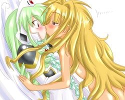 2girls broccoli eye_contact female galaxy_angel hair_down kissing looking_at_another multiple_girls noa noa_(galaxy_angel) vanilla_h yuri