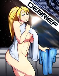 blonde_hair blue_eyes breasts cleavage convenient_censoring covering_breasts female female_only huge_breasts human metroid night nintendo nude onagi planet ponytail samus_aran solo standing stars tied_hair towel zero_suit