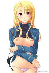 1girls blonde_hair blush bra breasts earrings female fullmetal_alchemist hair_down jewelry lingerie long_hair lowleg lowleg_panties military military_uniform mitsuki_(artist) motomiya_mitsuki open_clothes open_shirt panties pink_panties red_eyes riza_hawkeye shirt shirt_lift side-tie_panties solo underwear uniform