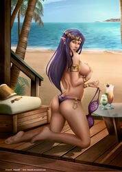 a_link_between_worlds ass_cleavage beach bikini bikini_bra bra butt_crack felox08 female female_only hylian looking_back lorulean_earrings panties princess_hilda solo the_legend_of_zelda topless triforce_bikini triforce_earrings undressing