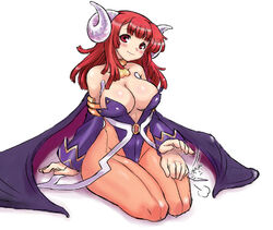 breasts cleavage demon_girl detached_sleeves dr.p horns huge_breasts kneeling la_pucelle_tactics lap_pillow leotard long_hair nippon_ichi overlord_priere p&p panties pantyhose priere red_eyes red_hair thighs underwear wings