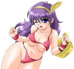 1girls athena_asamiya bikini bikini_lift blue_eyes breasts female princess_athena purple_hair shield snk toushi_ryoku