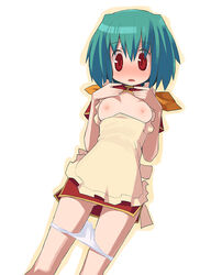 breasts clothing dress flat_chest green_hair kusaka_kokage macross macross_frontier panties panties_down panty_pull ranka_lee red_eyes underwear