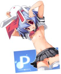 1girls animal_on_head blue_hair disgaea female flat_chest no_bra no_panties pleinair red_eyes serafuku short_hair skirt solo thighhighs