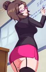 1girls brown_hair clothed_masturbation clothing crush_crush discreet_vibrator female female_focus garter_straps glasses hair_bun hidden looking_at_viewer medium_hair miss_desiree_(crush_crush) no_panties nutaku pussy sad_panda_studios short_skirt skirt stockings teacher vibrator vibrator_on_thigh vibrator_taped_to_leg