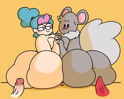 2018 anthro ass big_breasts big_ears biped blue_hair blush breasts cellulite chinchilla disembodied_penis duo_focus erection eyelashes female fluffy fluffy_tail fur grey_fur grey_hair group hair hair_tie hand_holding hi_res human leo_(leoafterhours) leoafterhours looking_at_viewer male mammal midmort morty_(midmort) nude overweight overweight_female penis pink_hair plum_(midmort) rodent simple_background smile suzy_(leoafterhours) thick_thighs