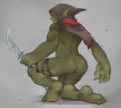 1boy ass goblin goblin_male goblinsafterdark green_skin half_naked kneeling looking_at_viewer male male_only muscular partially_clothed presenting presenting_hindquarters short solo stocky styx_(of_orcs_and_men) styx_(video_game_series)