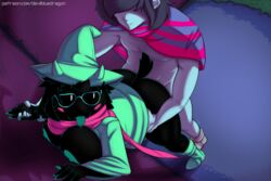 1boy 1girls 2018 absurd_res anthro big_breasts black_fur blue_skin blush bottomless breasts caprine clothed clothing deltarune devilbluedragon english_text eyewear female footwear fur glasses goat green_nipples hat highres kris_(deltarune) male mammal nipples partially_clothed patreon ralsei ralsei_(female) ralsei_with_black_fur robe rule_63 sex shoes short_tail straight text url vertical_bar_eyes white_eyes