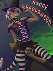 2017 agzi anthro balls black_lips broom choker clothed clothing crossdressing dinosaur english_text erection girly hair halloween hat holidays humanoid_penis ldr legwear looking_at_viewer male penis raptor skirt solo stockings text theropod thigh-highs white_hair witch_hat