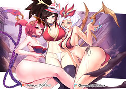 3girls akali alternate_costume ass big_breasts blood_moon_akali blood_moon_elise blood_moon_evelynn blood_moon_series bra breasts cleavage clothing darklux elise_kythera_zaavan evelynn female female_only large_breasts league_of_legends looking_at_viewer multiple_girls panties thighhighs