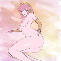 afterproject animal_ears ass bracelet breasts detached_sleeves fake_animal_ears fingerless_gloves gloves hand_on_hip highres long_hair looking_at_viewer lying nipples nude on_side original pink_eyes pink_hair spiked_bracelet spikes