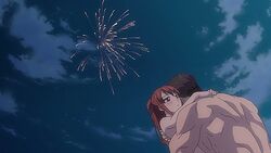 animated biceps big_muscles clothed fire_in_his_fingertips fireworks fujihashi_ryou hugging mizuno_souma muscular_back muscular_male pool romantic straight water