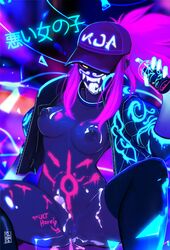 akali alternate_costume blacklight bodypaint breasts cum cum_in_pussy cum_inside dark exposed exposed_breasts glow glowing k/da_akali k/da_series league_of_legends legs neon nude paint pose purple purple_hair pussy pussy_ejaculation pussy_juice skndo