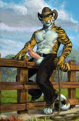 anthro chaps cowboy erection feline fence gear hat humanoid_penis karnal leather male male_only mammal muscular nude outside penis pinup pose precum rope shaneinvasion solo tiger