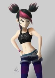 1girls artist_signature black_hair clothing english english_text female miko_nakadai pink_hair short_shorts solo stockings transformers transformers_prime underwear