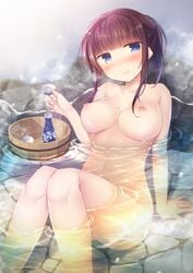 alcohol bath blue_eyes blush breasts brown_hair bucket drinking female hirari hot_spring large_breasts legs long_hair midriff new_game! nipples nude onsen ponytail rock sake sitting smile takimoto_hifumi water wet wooden_bucket