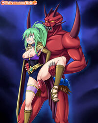 1boy background beast big_breasts breasts clothed clothed_female_nude_male clothed_sex clothing_aside crying duel_monster female green_eyes green_hair horns lifted long_hair male ogre open_eyes patreon penetration penis rape red_ogre red_skin reit sex spiritual_beast_tamer_winda vaginal_penetration yu-gi-oh!