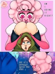 ahe_gao ass blue_diamond_(steven_universe) bottomless cartoon_network clothed_sex comic diamond_authority english_text female/female gem_(species) human interspecies licking panels pink_diamond_(steven_universe) pink_hair pink_skin prayforcummies size_difference steven_universe yuri