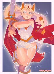 1girls adora armor blonde_female blonde_hair blue_eyes blush blushing broken_armor cape clothing crack_the_moon dress female female_only hourglass_figure long_hair looking_down no_panties platinum_blonde_hair pussy ripped_clothing ripped_dress she-ra she-ra_and_the_princesses_of_power shocked skirt solo sword tagme thick_thighs tiara torn_clothing torn_dress torn_skirt white_dress white_skirt