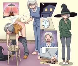 angry bent_over crying pants_down red_ass silver_hair spanking tagme vagina witch_hat zekel