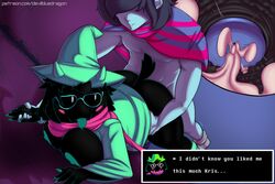 1boy 1girls 2018 absurd_res anthro big_breasts black_fur blue_skin blush bottomless breasts caprine clothed clothing crossgender cum deltarune devilbluedragon english_text eyewear female female_focus footwear fur furry glasses goat green_nipples hand_holding hat headwear highres kris_(deltarune) male mammal mostly_nude mtf_crossgender naked nipples nude partially_clothed patreon pussy ralsei ralsei_(female) ralsei_with_black_fur robe rule_63 sex shoes short_tail straight tail text tongue_out topwear url vertical_bar_eyes white_eyes