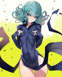 1girls abs aqua_eyes aqua_hair ban breasts dress female female_only flat_chest no_panties one-punch_man small_breasts solo standing tatsumaki thigh_gap tight_clothes