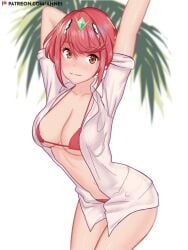 1girls ahnei bikini breasts large_breasts looking_at_viewer midriff navel nintendo open_shirt palm_tree pyra red_bikini red_eyes red_hair red_swimsuit shirt short_hair stretching swimsuit tiara white_shirt xenoblade_(series) xenoblade_chronicles_2