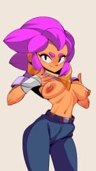 blush blush brawl_stars breasts breasts latina purple_hair shelly_(brawl_stars) shirt_up showing_breasts supercell tagme