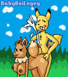 1boy 1girls 4_fingers all_fours anthro areolae ass ass_grab babyboilogey big_ass big_breasts big_ears black_fur breasts brown_fur buttjob canine chest_tuft clenched_teeth closed_eyes clouds cum day doggy_style eevee erection from_behind furry grass half-closed_eyes hand_on_ass huge_breasts interspecies large_breasts long_ears nintendo nipples no_nipples outdoors penis pikachu pixel_art pokemon pokemon_rgby raised_tail rodent sheath sky smile standing tail text tongue tongue_out video_games watermark white_fur wide_hips yellow_fur