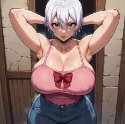 ai_generated armpits arms_up athletic_female bare_thighs blue_eyes fairy_tail gigantic_breasts huge_breasts huge_thighs light-skinned_female light_skin lisanna_strauss looking_at_viewer massive_breasts seductive_eyes seductive_smile short_hair short_shorts smiling smogai solo_female squatting sweat sweatdrop tank_top thick_body thick_female thick_thighs thighs voluptuous voluptuous_female white_hair