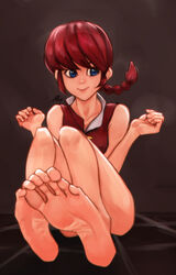 1girls asmo barefoot blue_eyes braid canon_genderswap chinese_clothes feet female female_only gender_transformation genderswap genderswap_(mtf) ranma-chan ranma_1/2 ranma_saotome red_hair soles solo toes