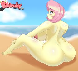 1girls areolae ass barefoot beach big_ass big_breasts blush breasts completely_nude completely_nude_female dat_ass female female_only fluttershy_(mlp) friendship_is_magic full_body hasbro my_little_pony naked naked_female nipples nude nude_female pink_hair ribiruby short_hair solo solo_female