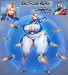 1boy 1boy1girl 1girl1boy 1girls 2025 ai_generated ass_expansion bbw blonde blonde_female blonde_hair blue_eyes blue_eyes_female bodysuit breast_expansion chubby cleavage curvy curvy_female dialogue dialogue_box expansion expansion_sequence fantastic_four female female_focus growth hourglass_expansion huge_ass huge_breasts imminent_expansion inflation invisible_woman_(marvel_rivals) iron_man male marvel marvel_rivals missile ponderousorbs ripped_clothing sue_storm talking_to_another text thick thick_thighs tight_clothing tony_stark torn_clothes voluptuous_female wardrobe_malfunction wide_hips