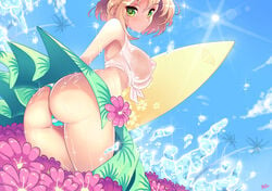 absurdres ass blonde_hair blush cameltoe female flower freckles front-tie_top green_eyes highres large_breasts looking_at_viewer looking_back nipples original outdoors privatecaller short_hair skirt sky solo striped striped_panties sunlight surfboard underwear wet wet_clothes wet_shirt