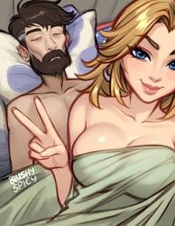 1boy 1boy1girl 1girls 2d 2d_(artwork) blanket blanket_covering blonde_female blonde_hair blue_eyes blush blush_lines blushing blushypixy blushyspicy breasts canon_couple covering covering_breasts dark_hair fantastic_four female guy_tired_after_sex_(meme) husband_and_wife invisible_woman invisible_woman_(marvel_rivals) light-skinned_female light-skinned_male light_skin married_couple marvel marvel_comics marvel_rivals meme mr_fantastic mr_fantastic_(marvel_rivals) reed_richards semi_nude sue_richards sue_storm tired watermark