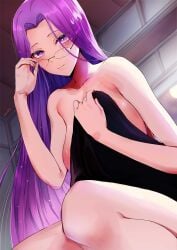 1girls absurdres adjusting_eyewear breasts collarbone fate/stay_night fate_(series) glasses highres indoors large_breasts long_hair looking_at_viewer medusa_(fate) medusa_(rider)_(fate) nude purple_eyes purple_hair rororo sitting smile solo very_long_hair