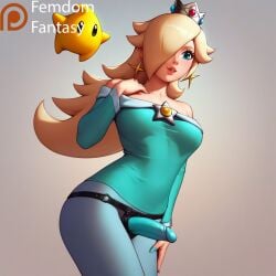 1girls ai_generated bondage dominant dominant_female domination dominatrix female femdom femdomfantasyai mario_(series) princess_rosalina smug_face solo strap-on strapon strapon_dildo super_mario_bros.