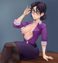 1girls big_breasts black_hair black_skirt blue_eyes blush breasts cleavage crossed_legs eyewear female female_only glasses hair leggings legs_crossed legwear miss_pauling office_lady open_shirt pencil_skirt purple_shirt shirt sindio skirt solo solo_female team_fortress_2