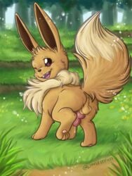 1boy 2018 4_toes absurd_res all_fours anatomically_correct animal_genitalia animal_penis anus artist_signature ass balls big_ass black_nose brown_fur canine canine_penis cum day eevee erection feet feral fluffy forest full_length fur grass green_background hi_res interspecies knot littlestfuzz looking_at_viewer looking_back male male_only mammal nintendo nude one_eye_closed open_mouth outdoors outside pawpads paws penis pokémon_(species) poképhilia pokemon pokemon_rgby precum presenting presenting_hindquarters purple_eyes smile solo tail teeth text thick_thighs toes tongue tree tuft video_games watermark wide_hips wink