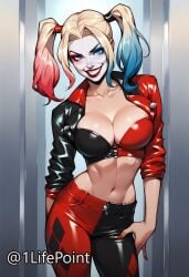 1lifepoint ai_generated big_breasts blonde_hair busty clown_makeup corset dc dc_comics eyeshadow grin harley_quinn highres leather_jacket lipstick looking_at_viewer makeup midriff multicolored_hair navel shiny_clothes twintails